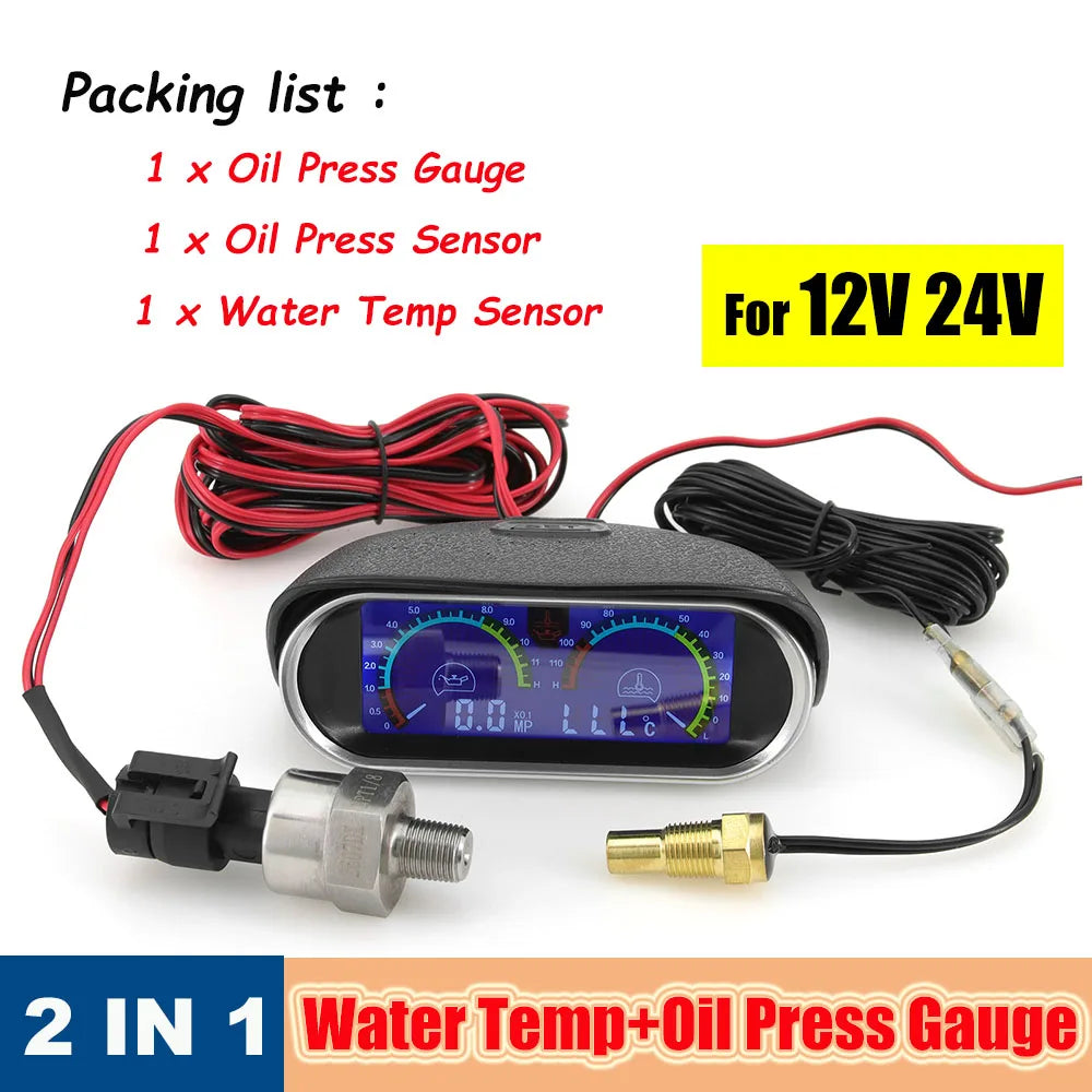 2 in 1 Car LCD Gauge Digital Water Temperature Meter and Oil Pressure | 1/8 NPT Sensor for 12V 24V V