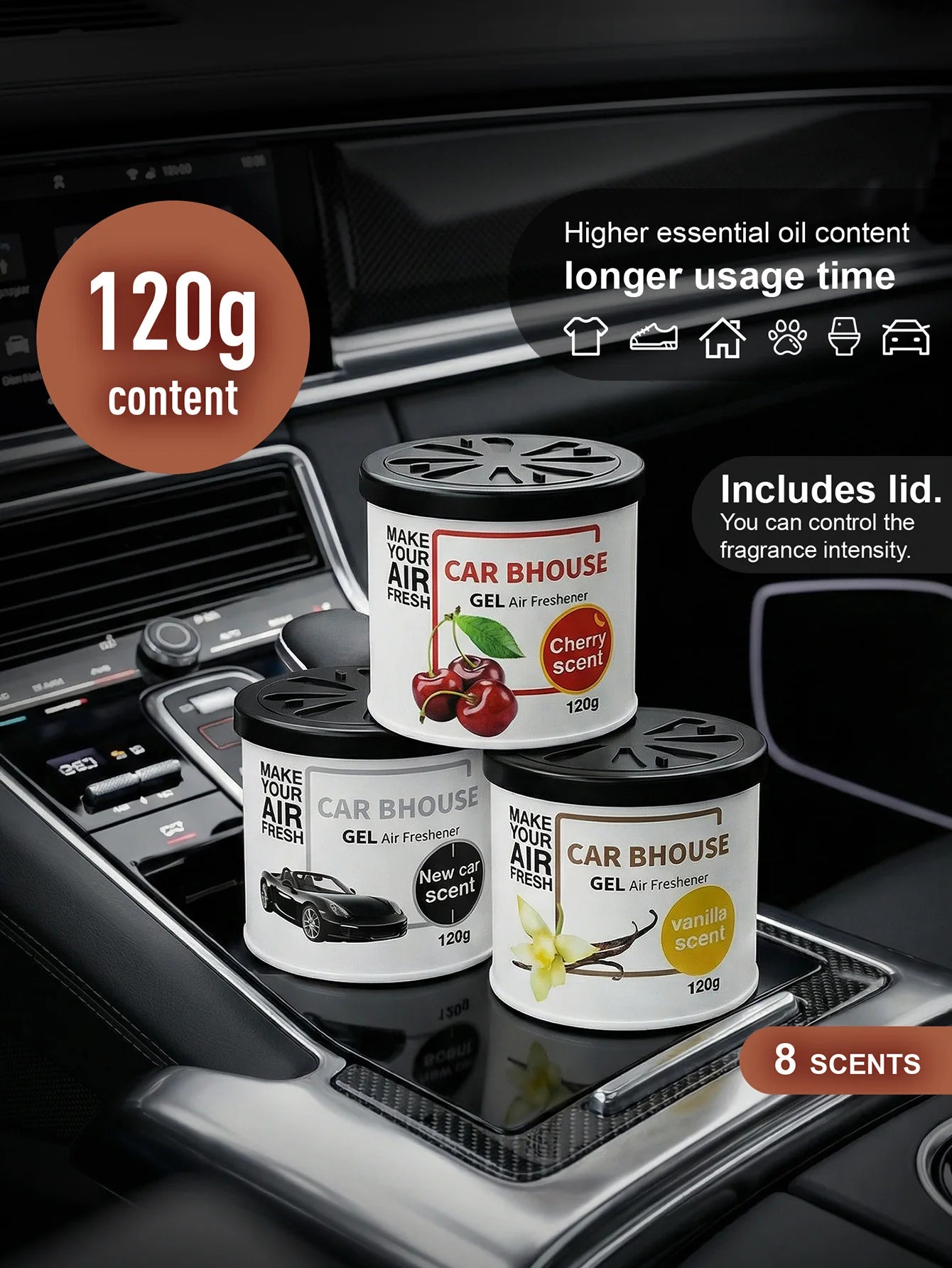 Dual-Purpose Car and Home Air Freshening Gel | 120g Long-Lasting Fruity and Floral Scent