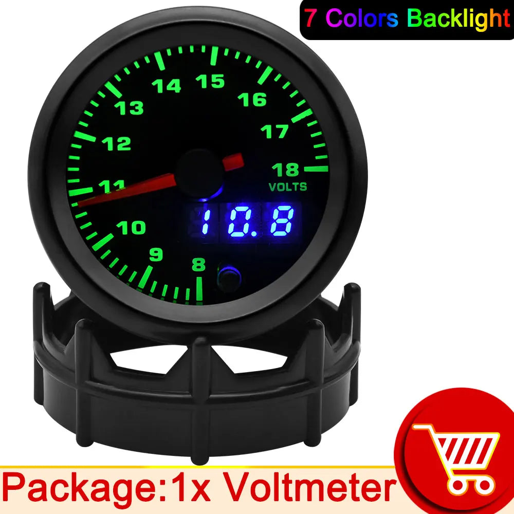 52mm 7 Color LED Car Gauge Set | Dual Display Boost Water Temp Oil Pressure Voltmeter close-up view