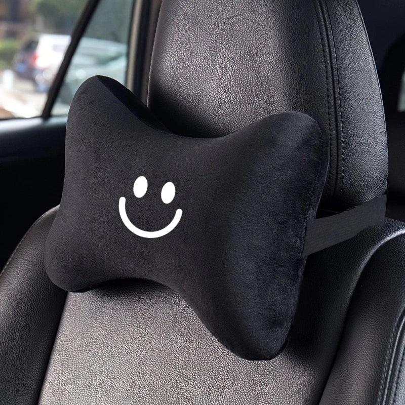 Black Bone-Shaped Car Neck Pillow with Smiley Face