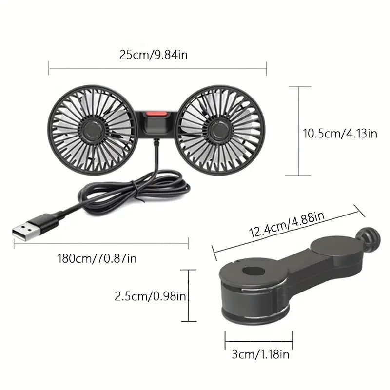 Car Fan 360° 3-speed Car Seat Back Cooling Fan USB Charge Dual Head Fan Adjustable additional angle