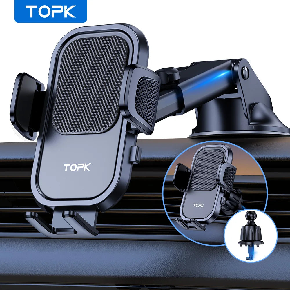 TOPK Universal Car Phone Holder 360° Rotation Cell Phone Mount for Air Vent & Dashboard Suction Cup