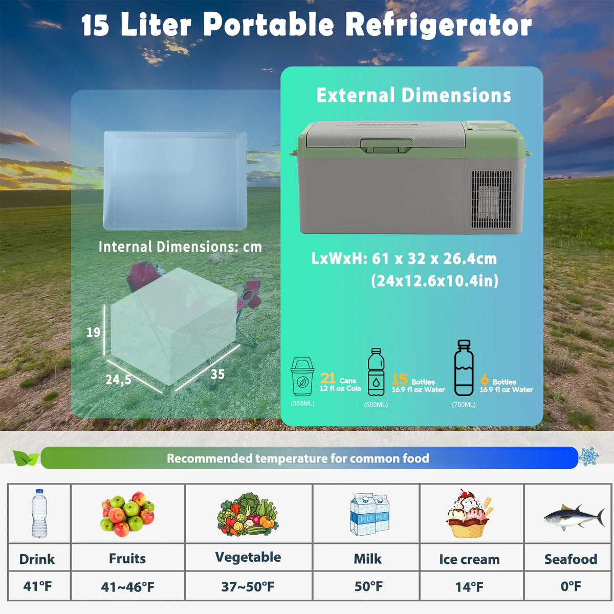 Alpicool Y15E Portable Fridge 12 Volt Car Refrigerator 17 Quart Freezer for Fishing, Camping, RV, Truck, Boat-12/24V DC