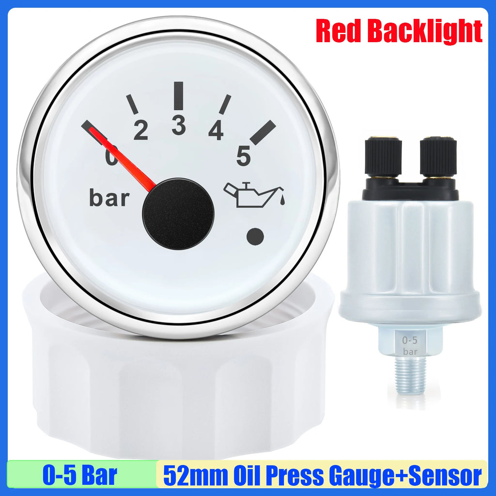 52mm Oil Pressure Gauge with Alarm Red LED 0-5 Bar 0-10Bar Oil Press Meter+Sensor 1/8NPT for Auto Car Marine Yacht 12V24V Custom