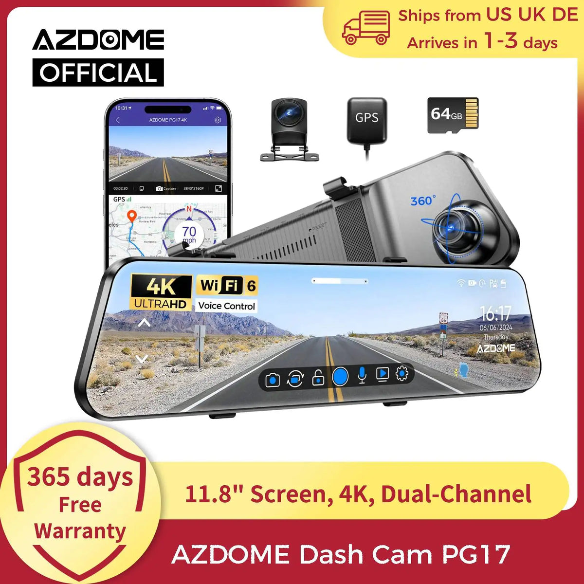 AZDOME PG17 12" WiFi Mirror Dash Cam 4K Front and 1080P Rear View Mirror Camera for Cars Dual Camera Waterproof Backup Camera