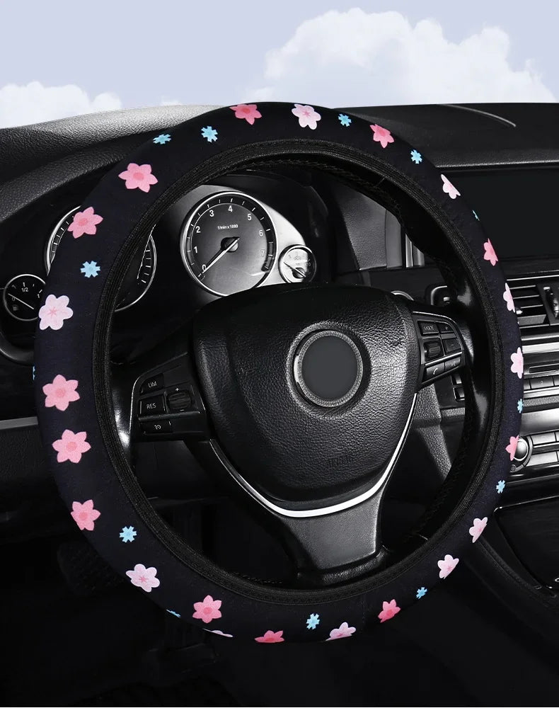 Car Steering Wheel Cover Flowers Print Anti-Slip close-up view