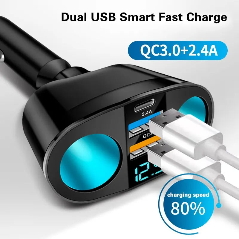 Multiple Devices Can Be Charged at the Same Time with Digital Display Car Charg Dual-p close-up view