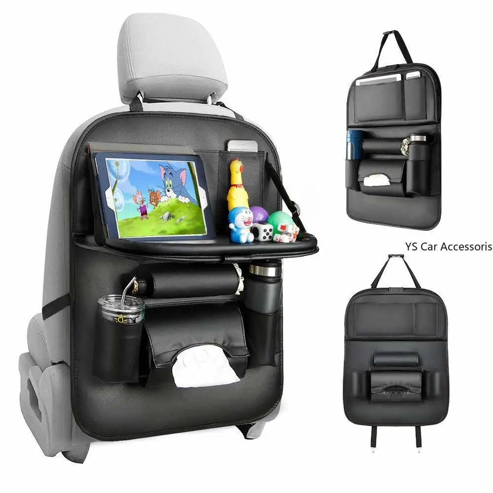 PU Leather Car Seat Back Organizer with Foldable Table