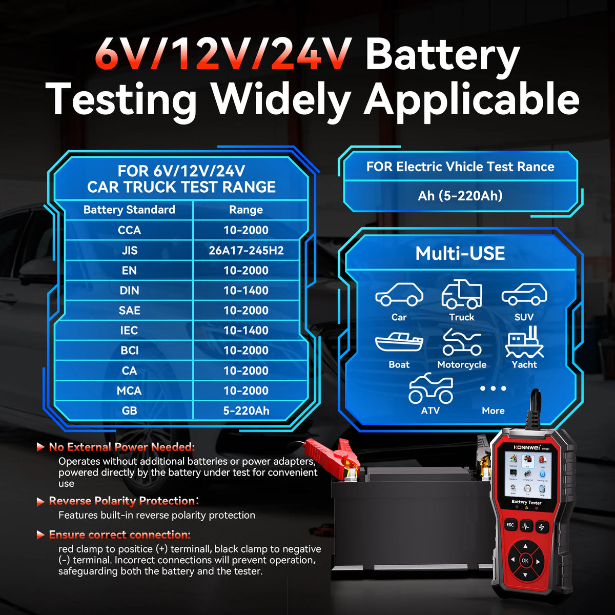 2026 KONNWEI KW331 Professional Car Battery Tester 6V 12V 24V AMG/EFB/GEL Battery Cranki detail view