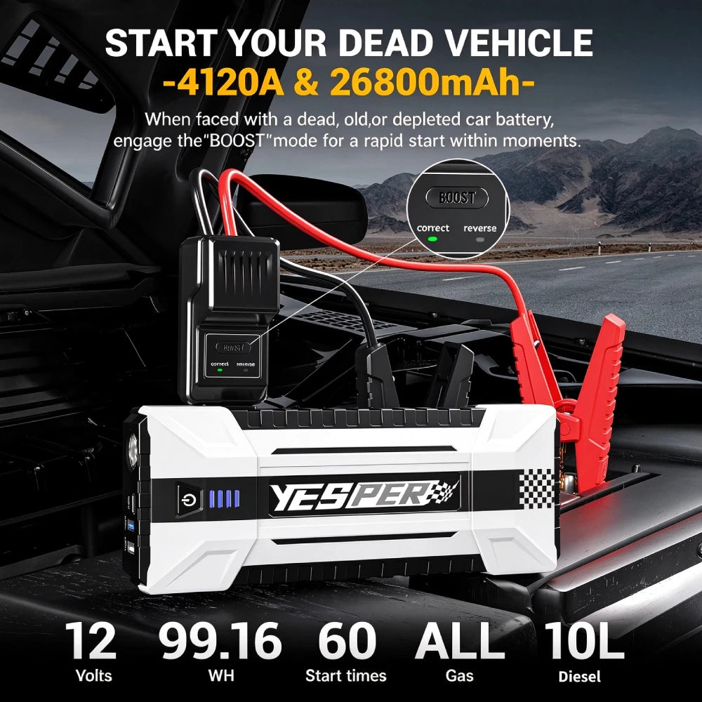 YESPER 4120A Peak Jump Starter 26800mAh Power Bank 12V Spark-Proof Car Emergency Booster Starting Device for ALL Gas/10L Diesel