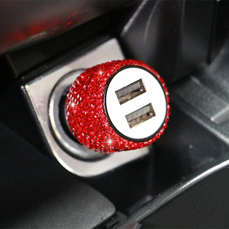 New Bling USB Car Charger 5V 2.1A Dual Port Fast Adapter Pink Car Decor Car Styling Diam detail view