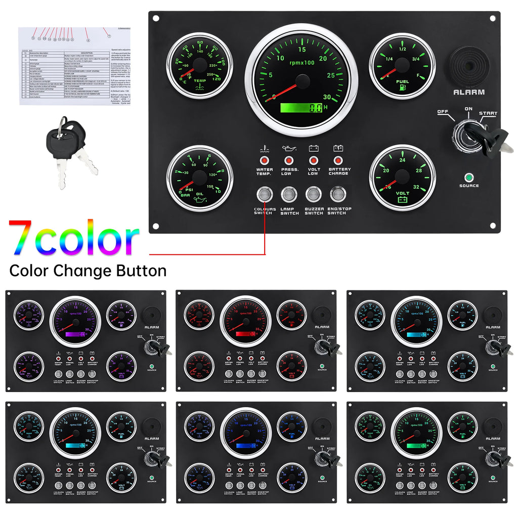 Car Boat Diesel Engine Inboard Outboard Instrument Panel with 5 Gauge Set 85mm GPS Speed Meter Tachometer Fuel Oil Pressure Volt