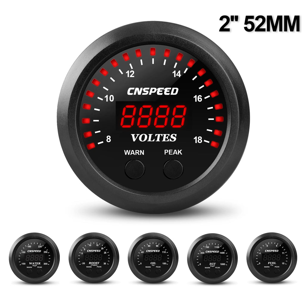 2'' 52MM Car Digtal Exhaust Meter 15psi Fuel Pressure Gauge 100~300℉ Water Temperature Gauge bar Booster Gauge 18V Voltmeter