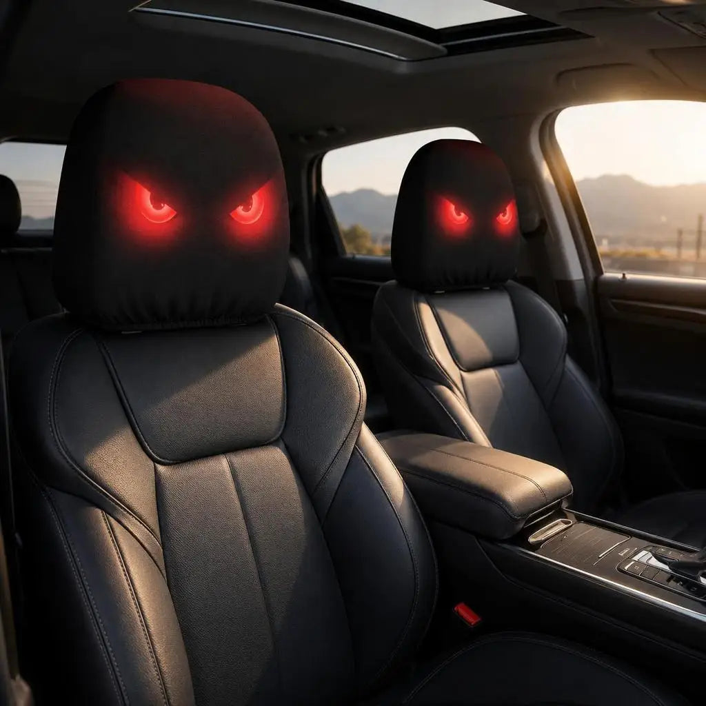 2Pcs Car Headrest Covers with Evil Red Fluorescent Eyes Print, 2D Flat Printed, High alternate view