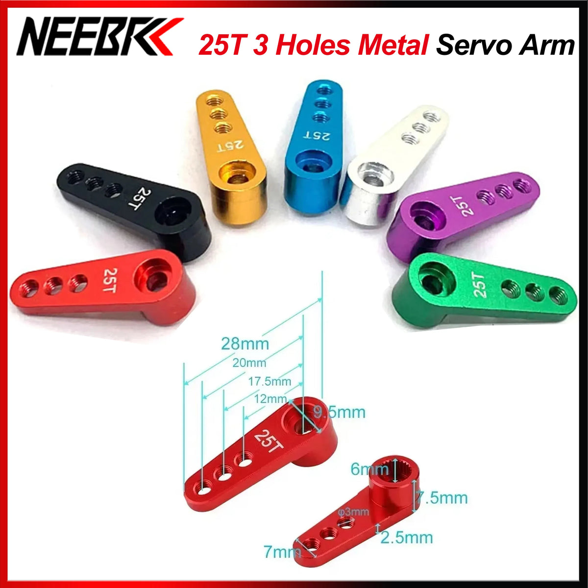 NEEBRC 25T Metal Servo Arm 3 Holes for 1/10 RC 12KG 7KG 21G 2KG Servo Car Boat Robot Wltoys Futaba HSP Axial SCX10 Accessories