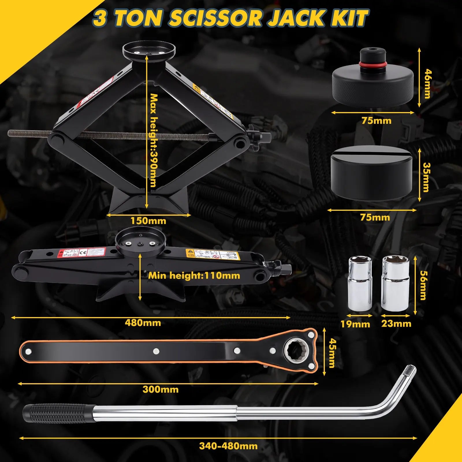 3T Car Scissor Jack Kits Emergency Crank Lift Stand Labor-Saving Repair Tire Replaceme close-up view