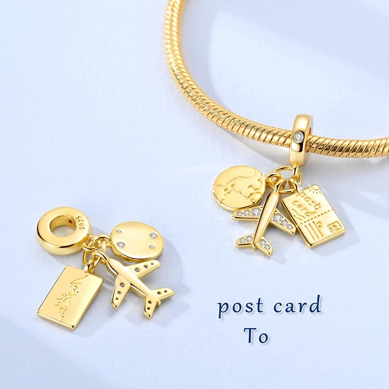 925 Sterling Silver Gold Plated Charms Bead Plane Bow Cross Cat Dangle Fit Original B lifestyle view