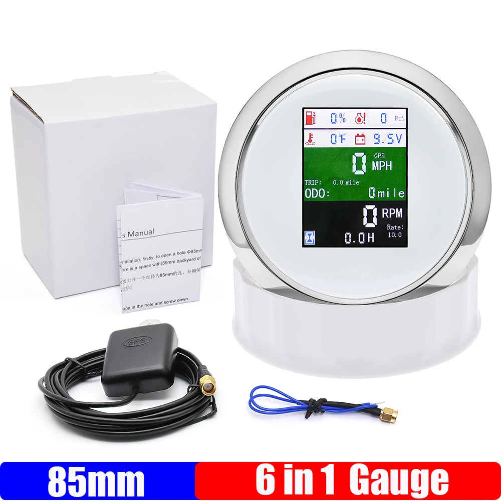6 In 1 85mm Gauge GPS Speedometer+Tachometer+Fuel Level Gauge+Oil Pressure+Water Temp+Voltage for Car Boat Marine 12V24V Custom