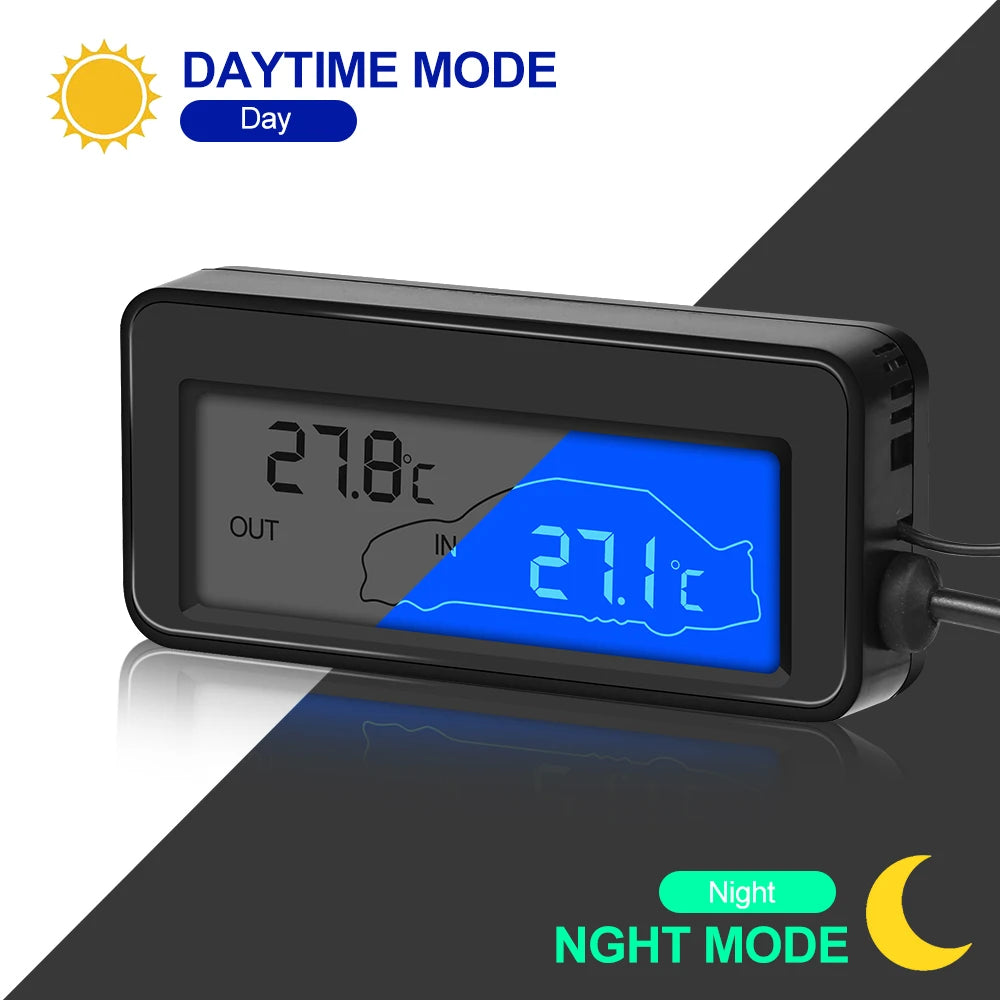 DC 12V Car Mini LCD Digital Thermometer | Dual Temperature Sensor with 1.5M Probe close-up view