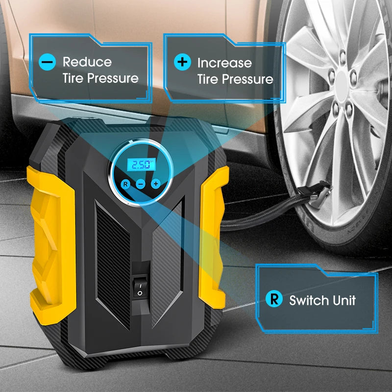 CARSUN Portable Automobile Air Compressor | Digital Tire Inflation Pump with LED Lamp close-up view
