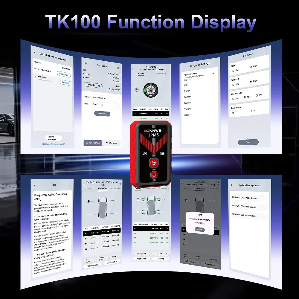 KONNWEI TK100 TPMS Programming Tool | 4 Sensors 315/433MHz Car Tire Pressure Diagnostic detail view