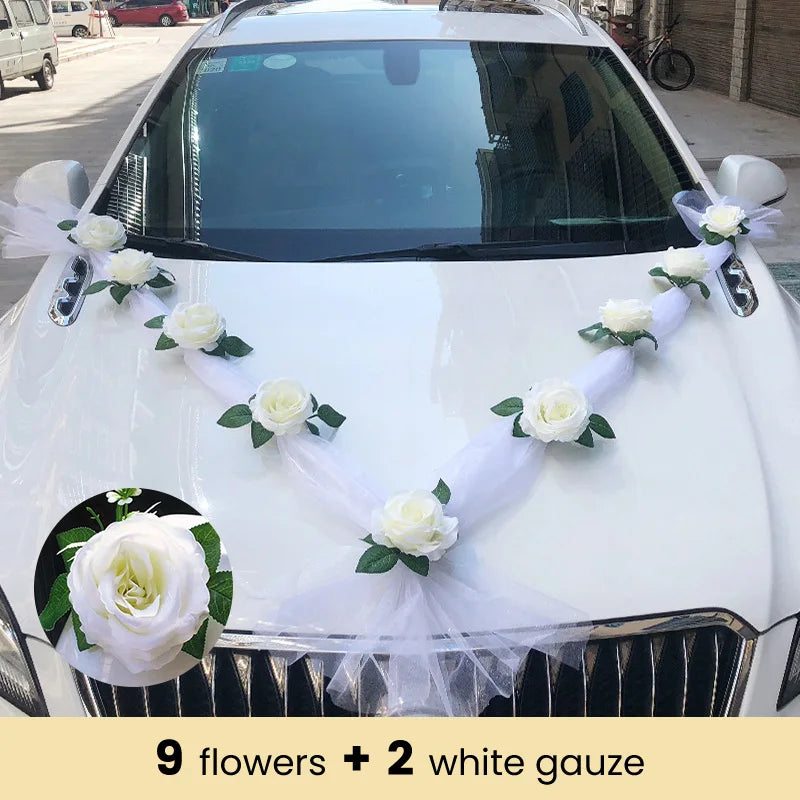 White Rose Artificial Flower for Wedding Car Decoration Bridal Car Decorations Door Handle Ribbons Silk Flower