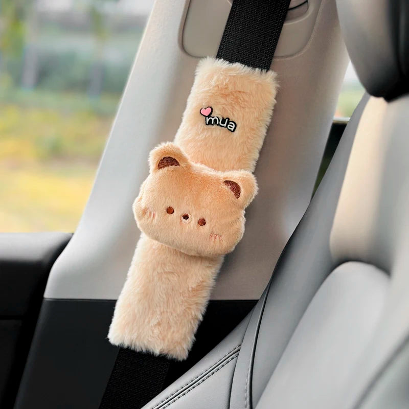 Cute Cartoon Bear Car Seat Belt Cover Imitation Rabbit Fur