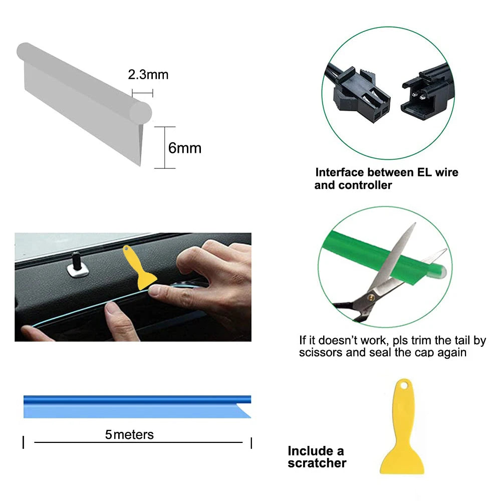 5M Car Interior Led Strip Light Neon EL Wiring Decorative Lamp For Auto DIY Flexible A close-up view