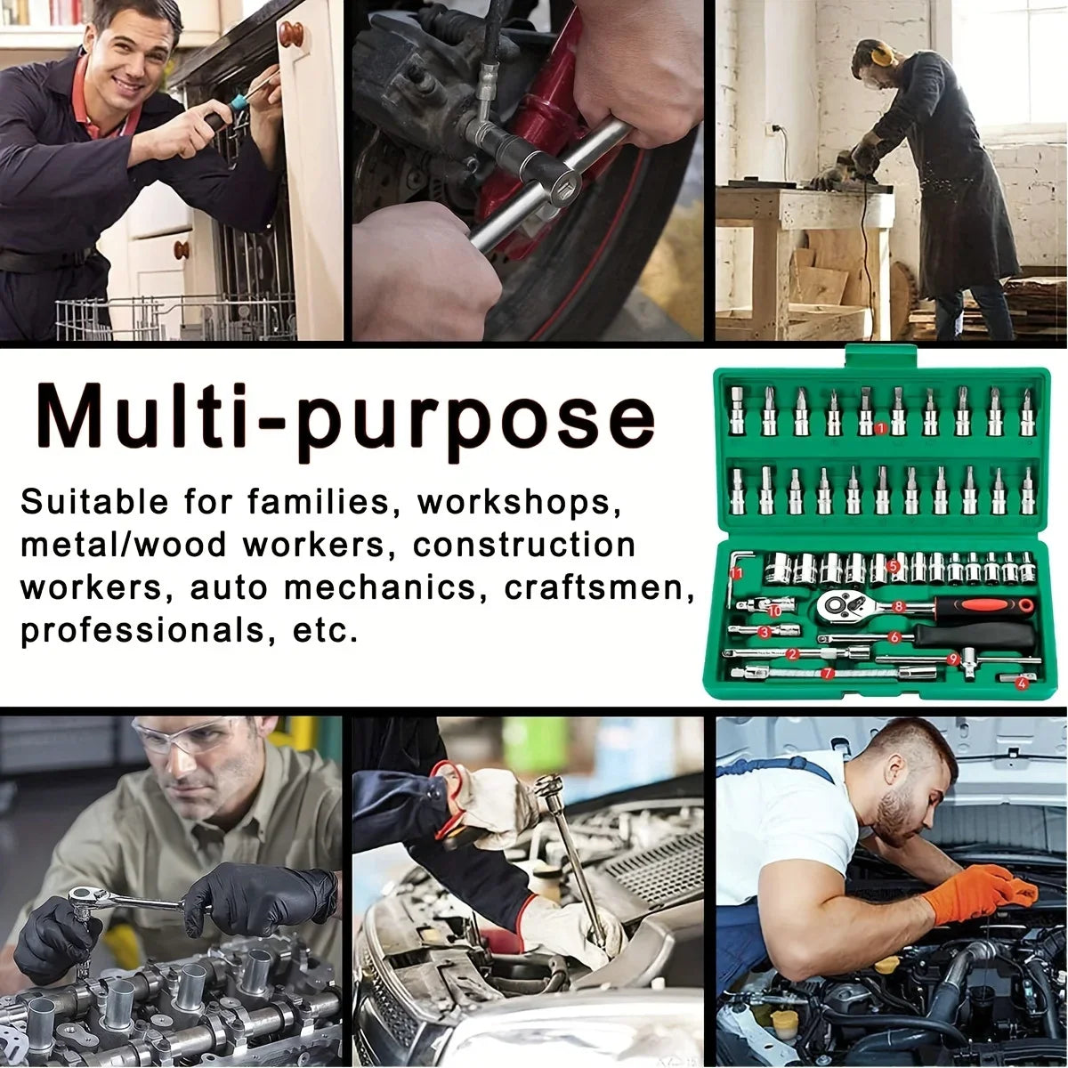 46Pcs Family Tools 1/4 Set Mechanic Tool Kits for Auto Repair Hous with Sockets Metri alternate view