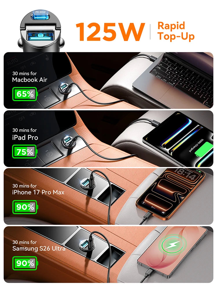 Joyroom 125W Pull Ring Car Charger USB Type-C Dual Fast Ports Fast Charging Mini Car P close-up view