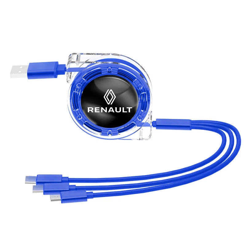 3-in-1 USB Fast Charging Cable 3A for Renault | Retractable Data Cable with 5 Gear Len close-up view