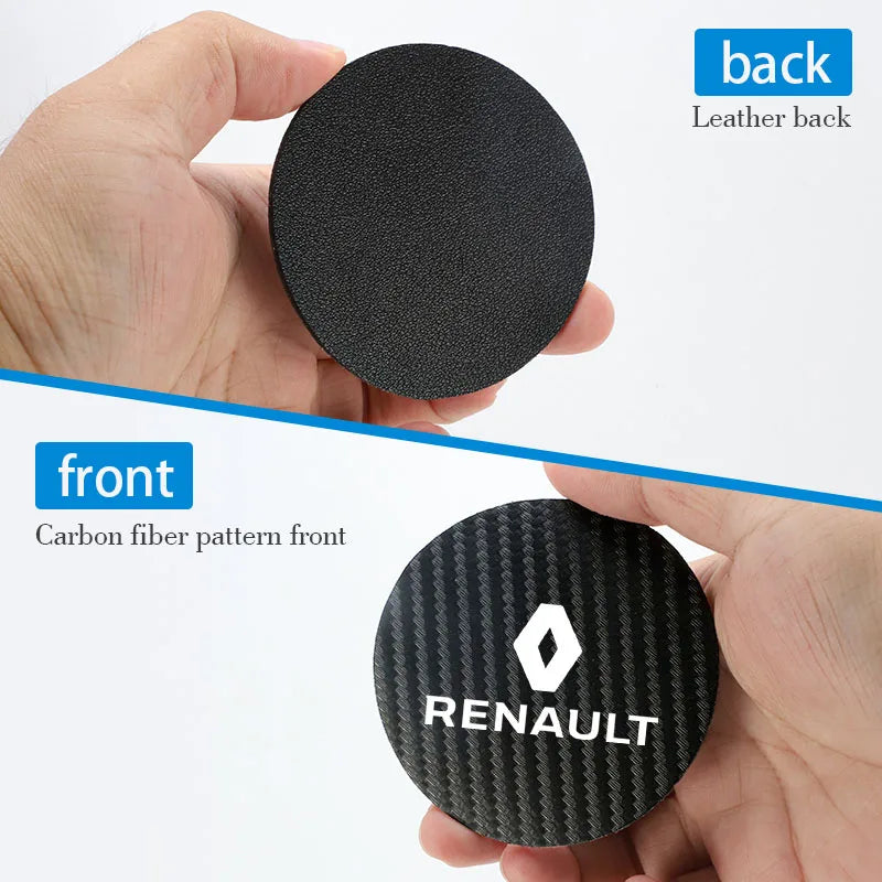 2Pcs Car Coasters Water Cup Mats Waterproof Slot Pads for Renault | PU Leather & Carbo close-up view