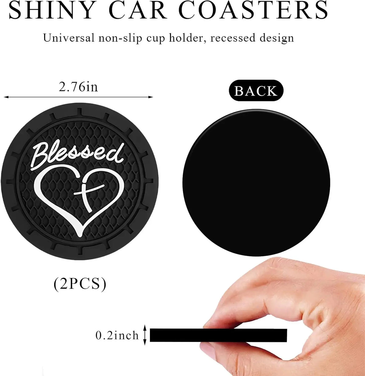2 PCS Car Cup Holder Coasters, 2.76 Inch Anti Slip Vehicle Drink Mats with Cute Blessed Cross and Heart, Shockproof, Universal C
