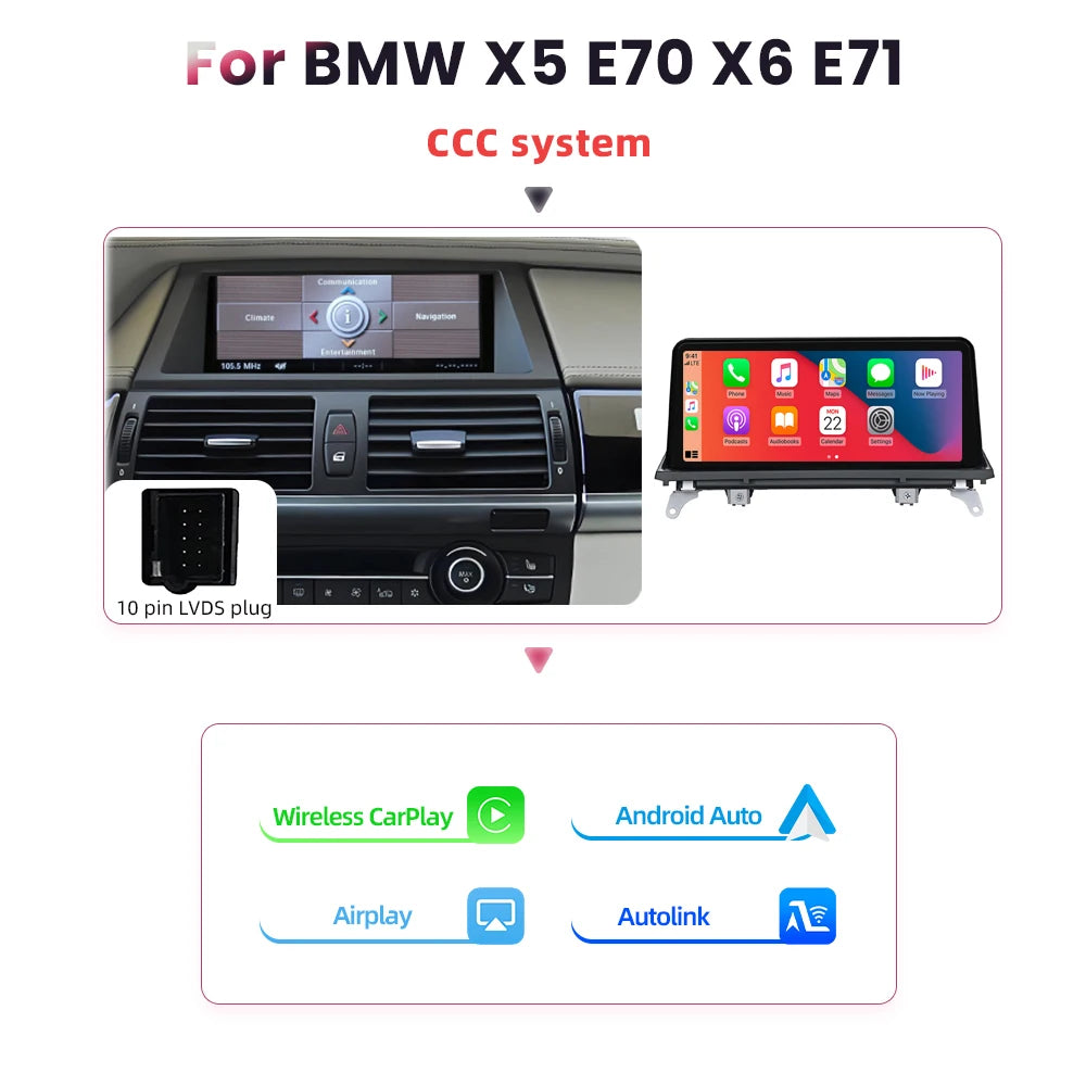 BONROAD Wireless Carplay Android Auto Car Radio For BMW X5 E70 X6 E71 CCC CIC Bluetooth Mirror Link Navigation GPS Touch Screen