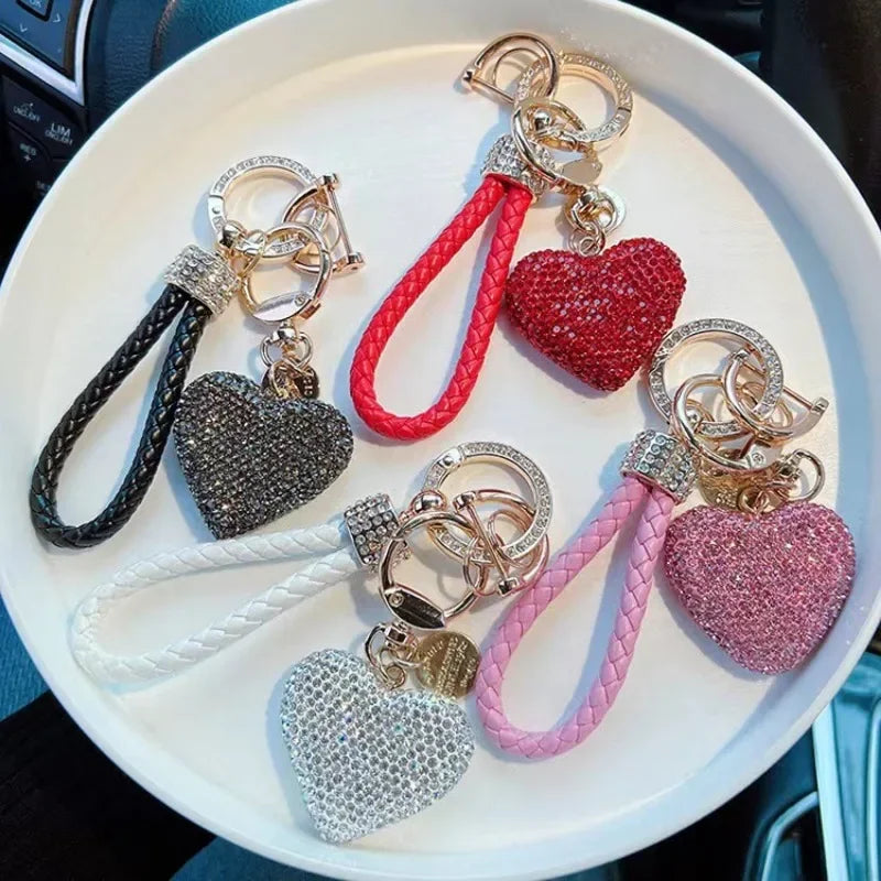 Clay Diamond Full Diamond Love Key Chain Studded Leather Rope Heart-shaped Car Bag Pen close-up view