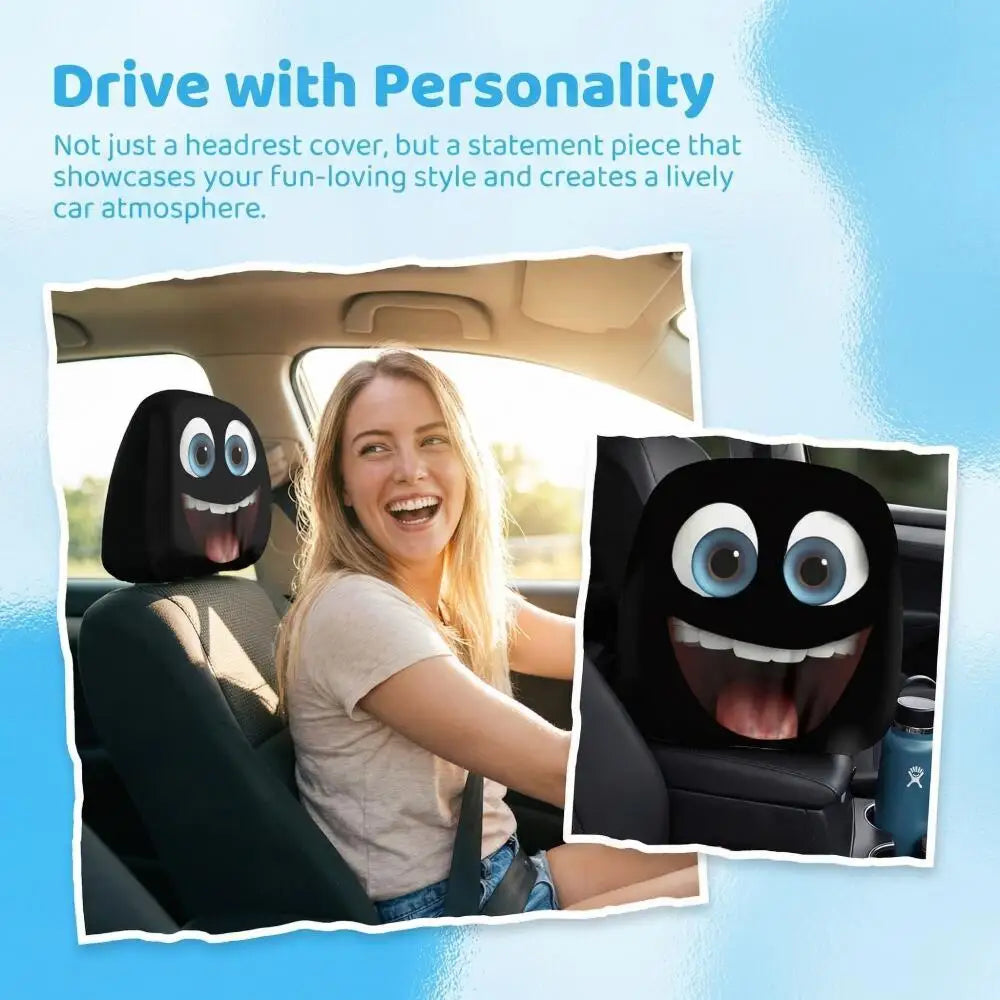 2PCS Blue Big Laugh Eyes Car Headrest Covers 2D Double Print Universal Funny Auto D additional angle