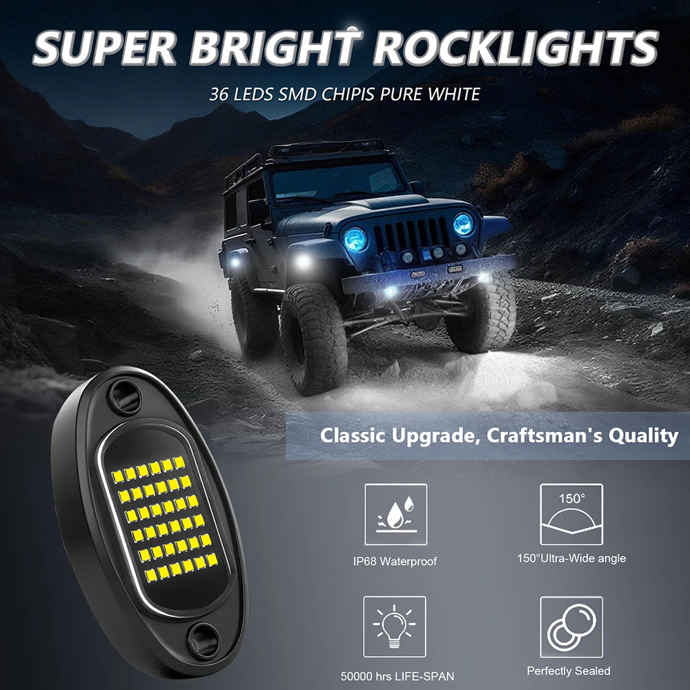 4PCS White LED Rock Lights for Off-Road, Cars, Trucks, ATVs, UTVs, SUVs,Boats - Underbody Trail Rig Chassis Lighting Kit 12V