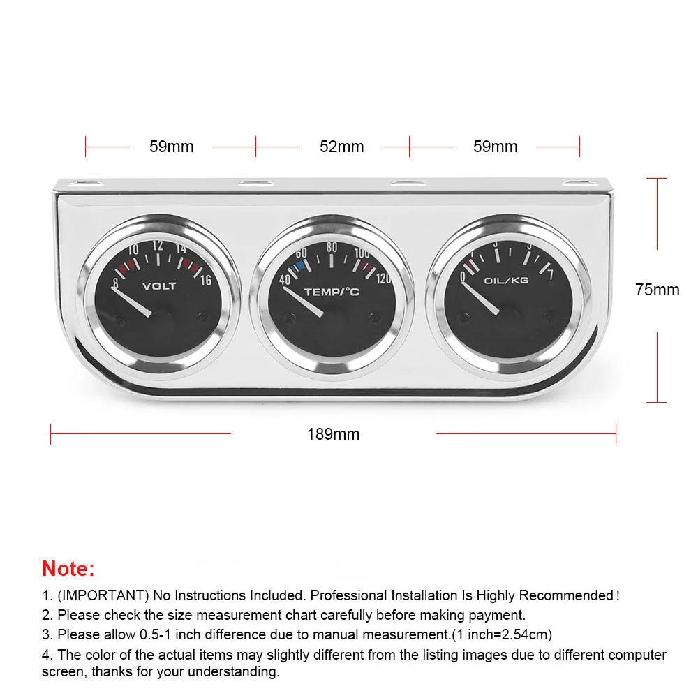 3 in 1 Car Gauge Kit 2INCH 52mm | Volt Water Temp Oil Press Triple Gauge Set with S additional angle