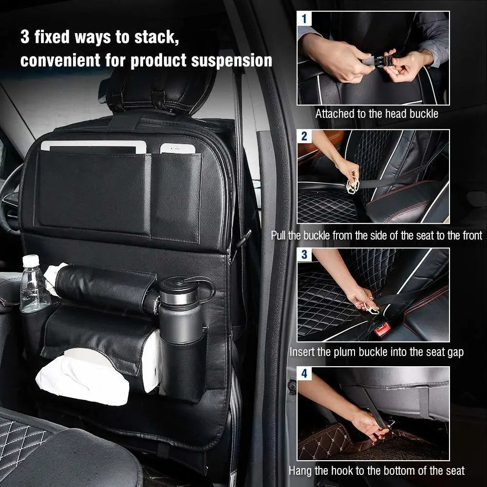 PU Leather Car Seat Back Organizer with Foldable Table