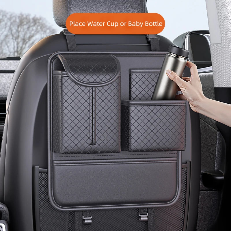 Car Seat Back Organizer with Tissue Holder, Rhombic Pattern Leather Storage Bag detail view