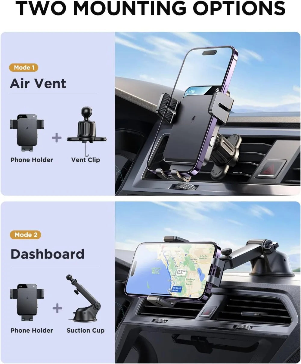15W Qi Fast Wireless Car Charger, Auto-Clamping Phone Holder Mount for Windshield Dashboard Air Vent, Compatible with iPhone 16 Pro Max/15 Pro, Samsung S24/S23