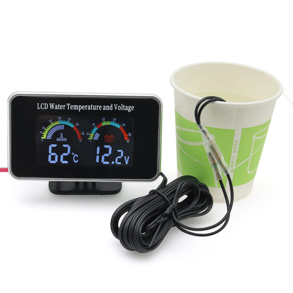 HD Car LCD Water Temperature Meter Thermometer Voltmeter Gauge 2in1 Temp&Voltage Meter 10mm Sensor 26~40mm Adapter(Option)12V/24