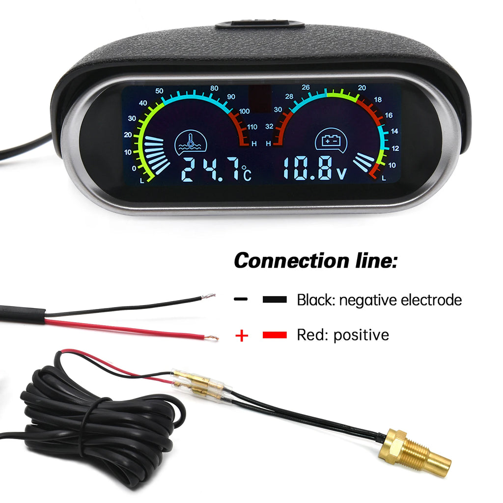 Car 2 in 1 LCD Digital Display Voltmeter Gauge & Water Temp Temperature Gauge Universal Car Truck Gauge with 26mm-40mm Adapter