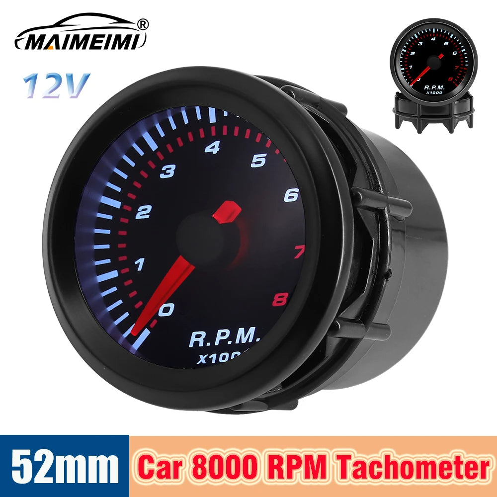 0~8000 RPM 2" 52mm Universal Car Tachometer with White LED Pointer | Smoke Lens Gauge