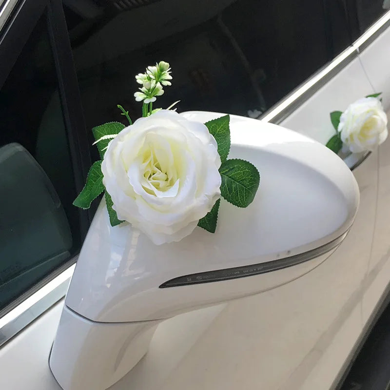 White Rose Artificial Flower for Wedding Car Decoration Bridal Car Decorations Door Handle Ribbons Silk Flower