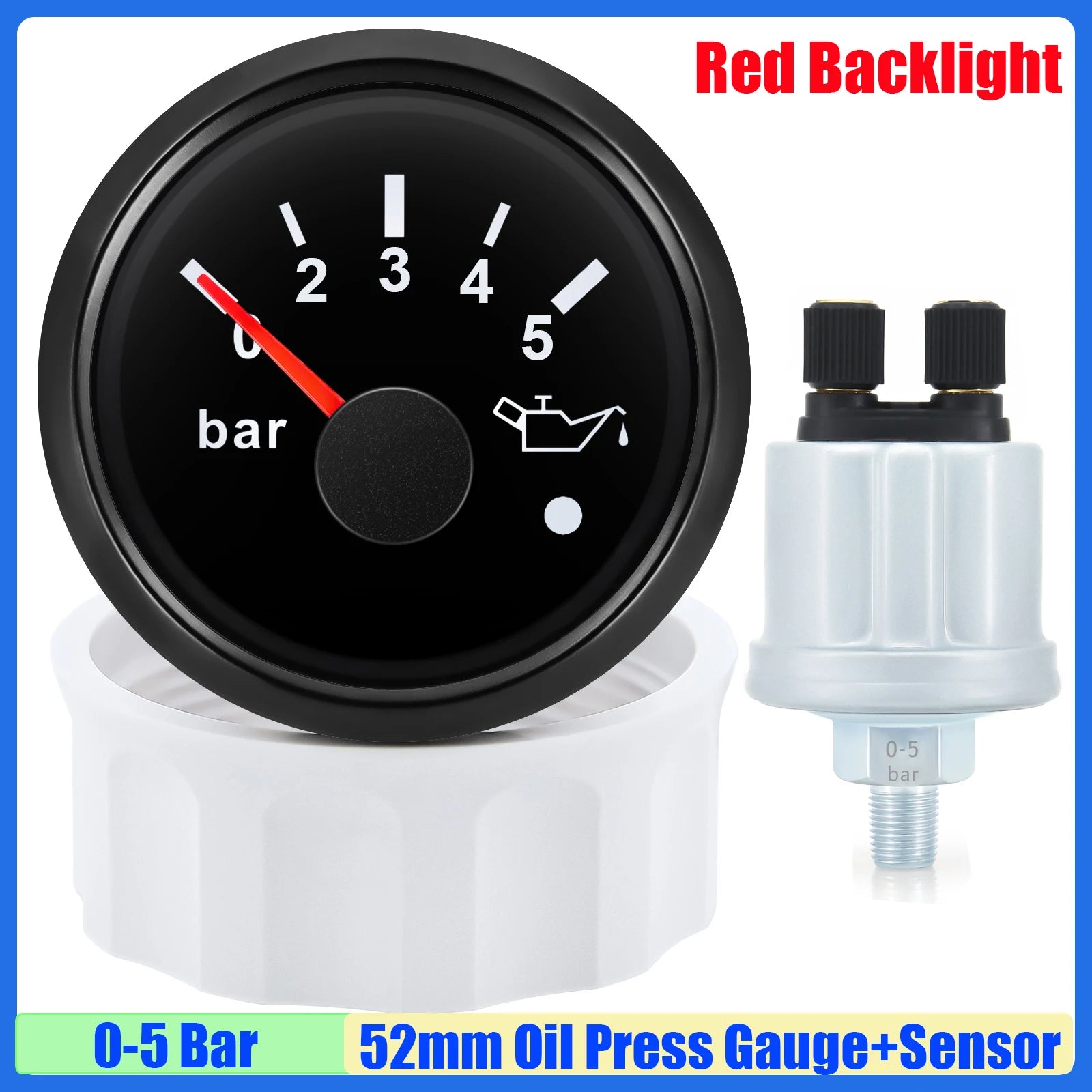 52mm Oil Pressure Gauge with Alarm Red LED | 0-5 Bar 0-10Bar Oil Press Meter with Sens close-up view