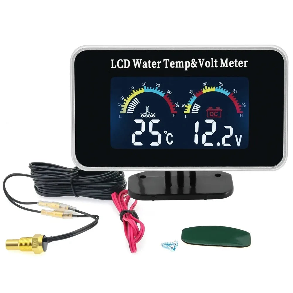 Car LCD Water Temp Meter + Voltmeter Gauge 2in1 | Temp Voltage Meter with 10mm Sensor 12V 24V