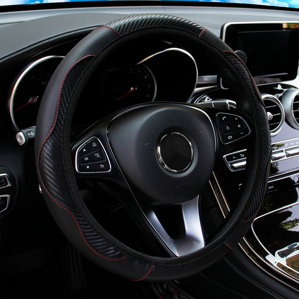 PU Carbon Fiber Leather Car Steering Wheel Cover without Inner Ring Suitable for 14.5 lifestyle view