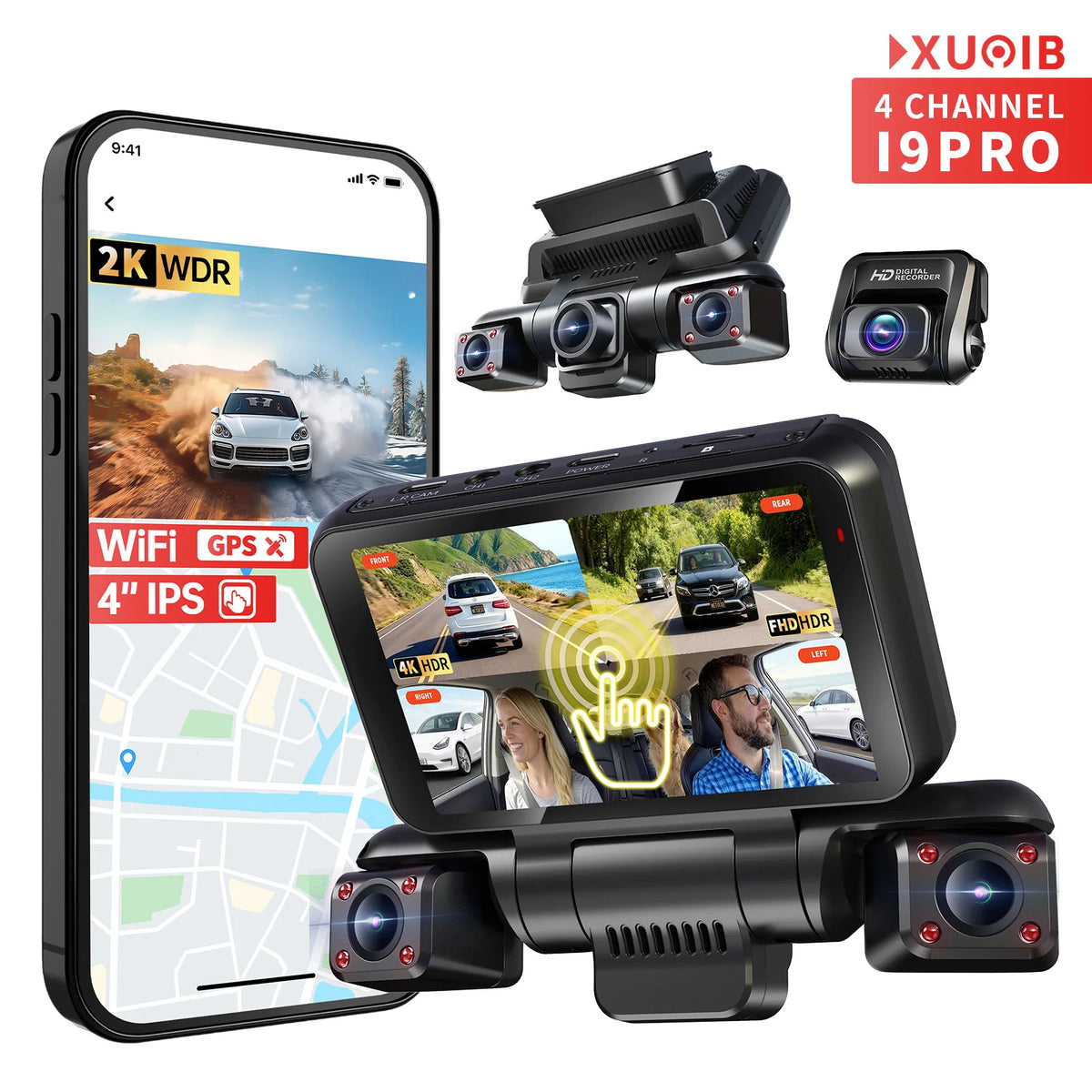 XUOIB I9pro 4CH Dash Cam 4K Front 360° Car Camera 4" Touch Screen WiFi GPS Night Vision DVR Support 24H Parking Monitor&256Gmax