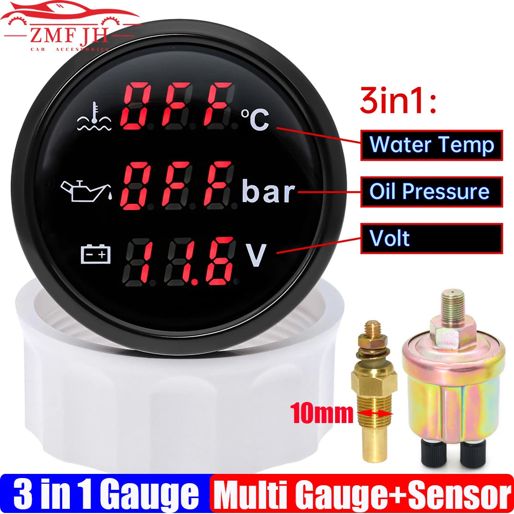 3 In 1 Digital 52mm Gauge with Alarm | Water Temperature, Oil Pressure, and Voltage Monitor
